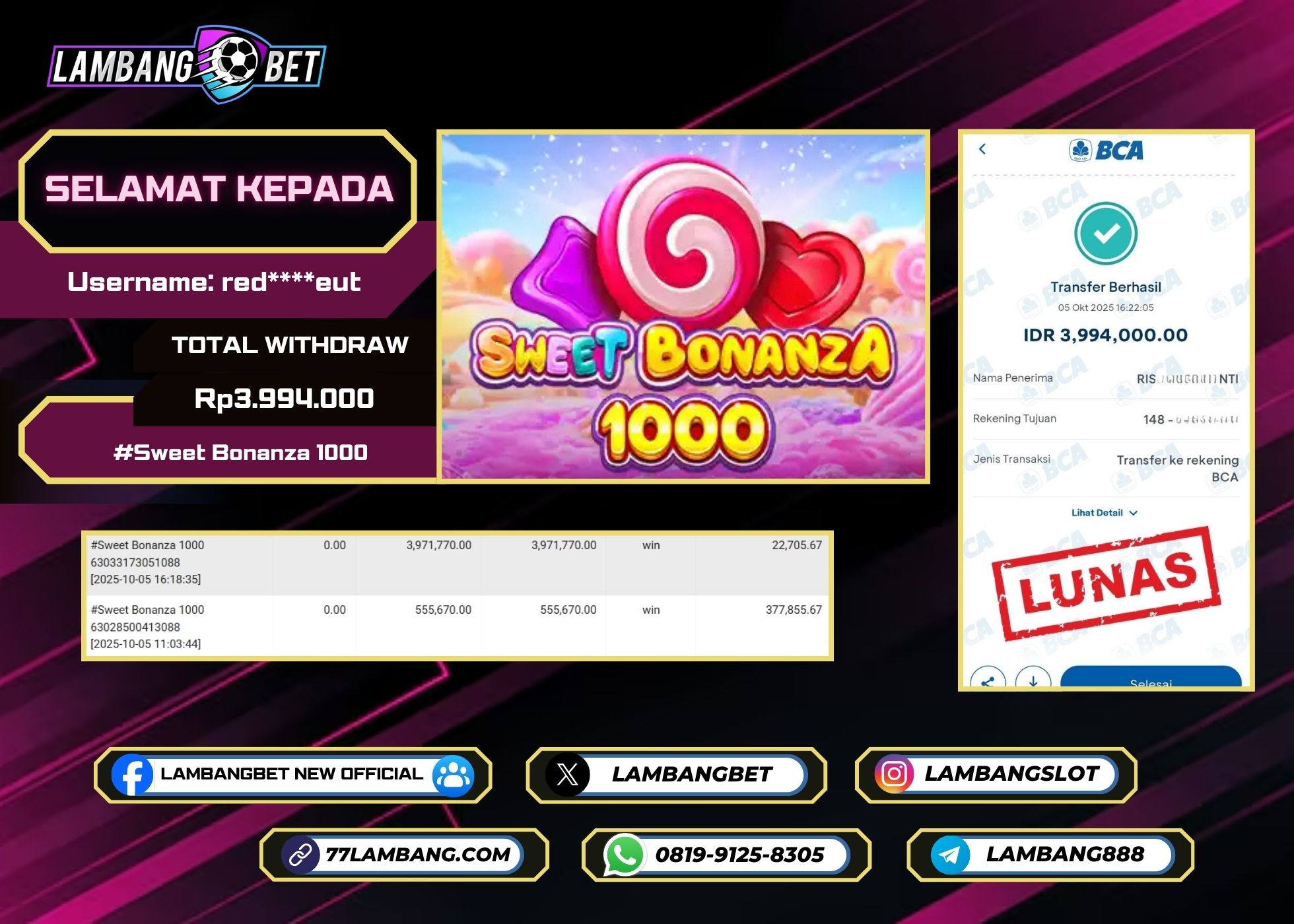 LAMBANGBET [5 OKTOBER 2025] JACKPOT SLOT Sweet Bonanza 1000 "Rp3.994.000" LUNAS